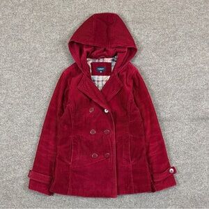 Red Corduroy Hooded Double Breasted Short Pea Coat Women M Retro Y2K Plaid Lined